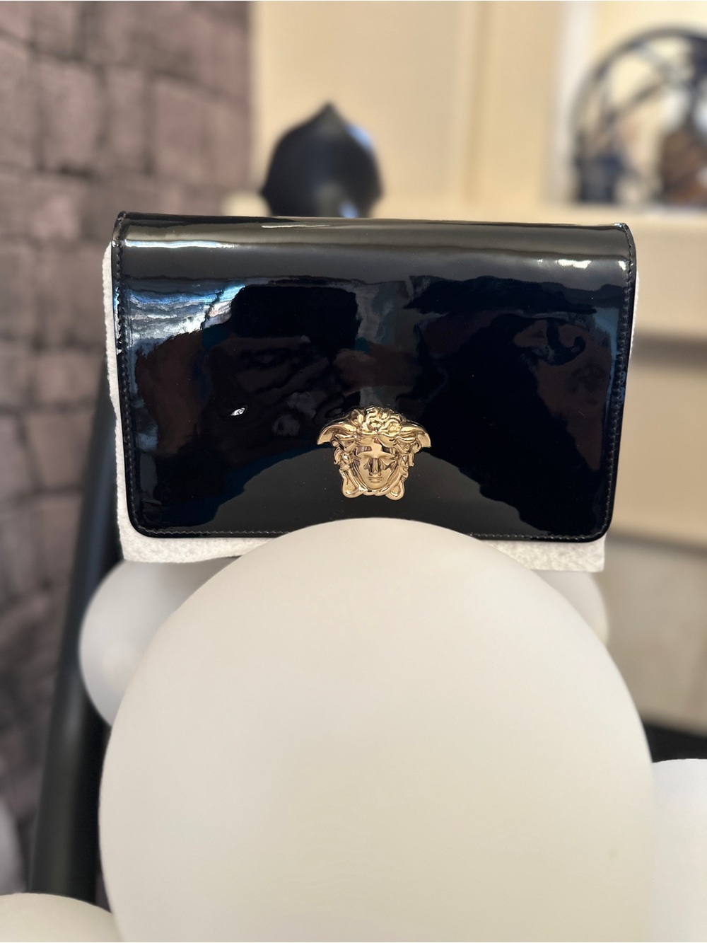 Versace Black Patent Leather Medusa Clutch with Gold Emblem